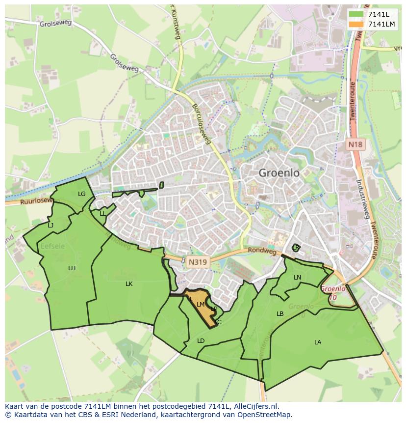 Afbeelding van het postcodegebied 7141 LM op de kaart.