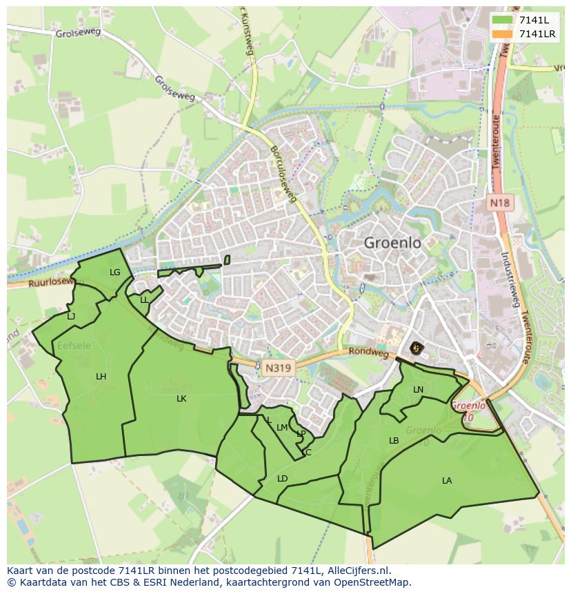 Afbeelding van het postcodegebied 7141 LR op de kaart.