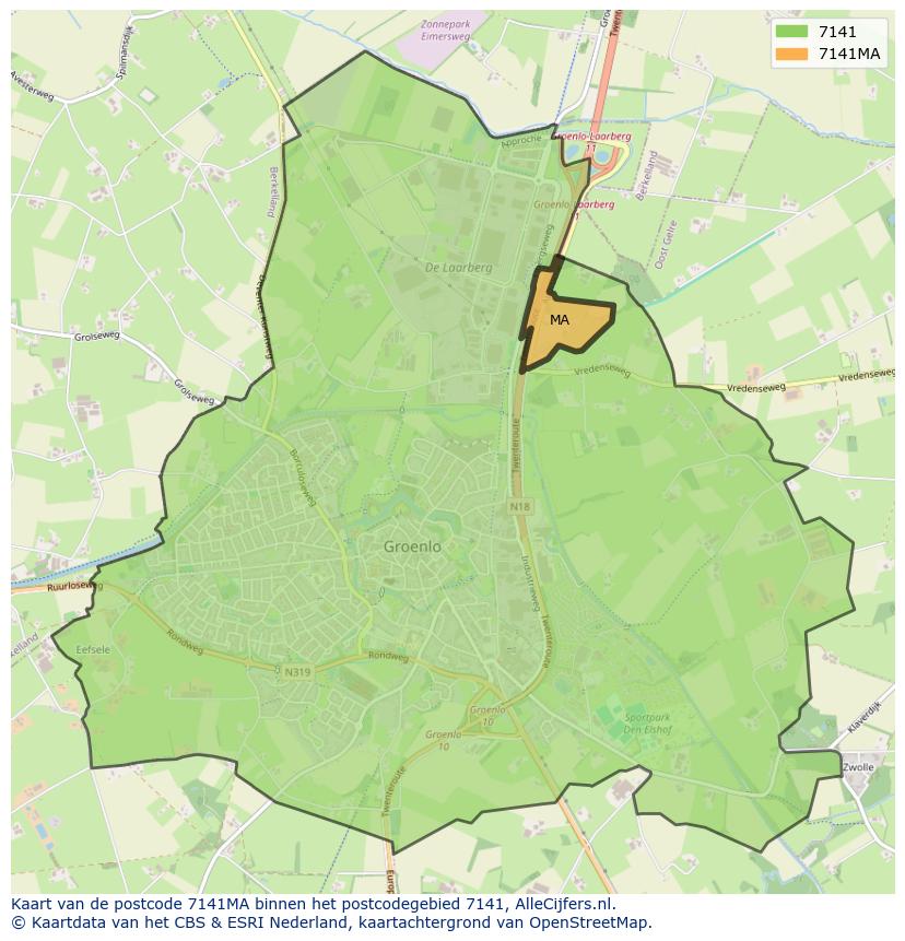 Afbeelding van het postcodegebied 7141 MA op de kaart.