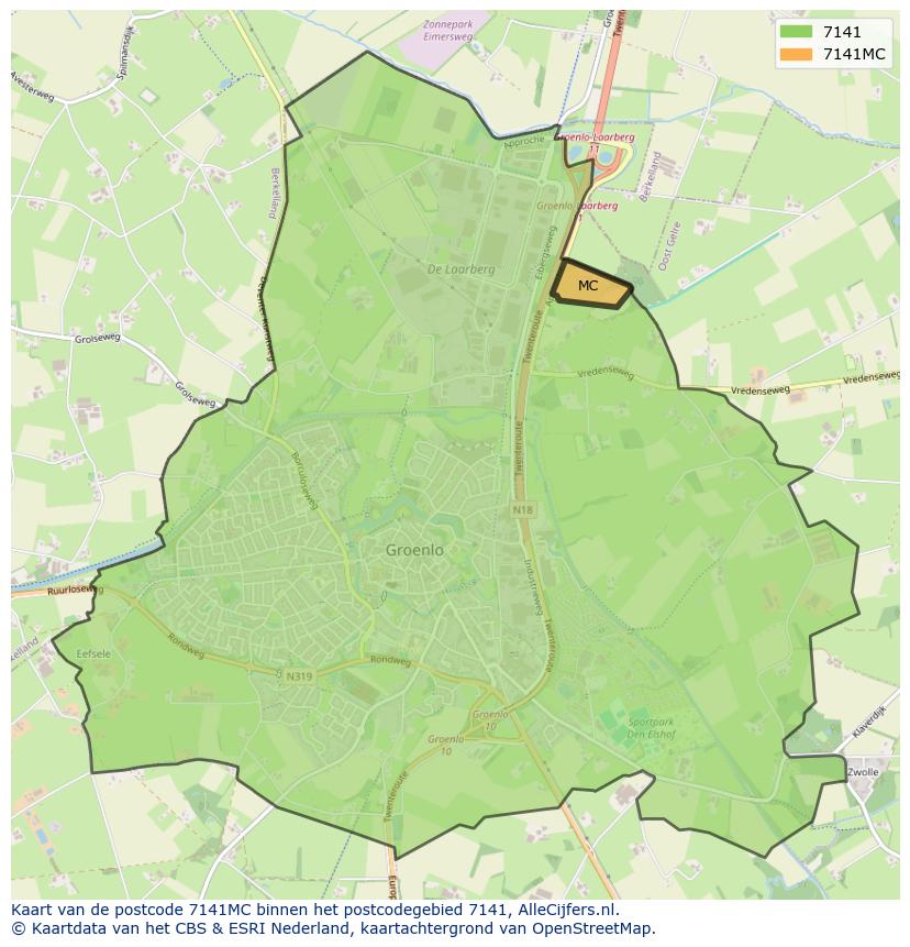 Afbeelding van het postcodegebied 7141 MC op de kaart.