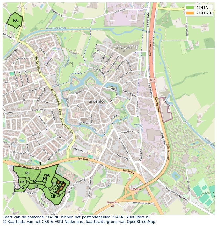 Afbeelding van het postcodegebied 7141 ND op de kaart.