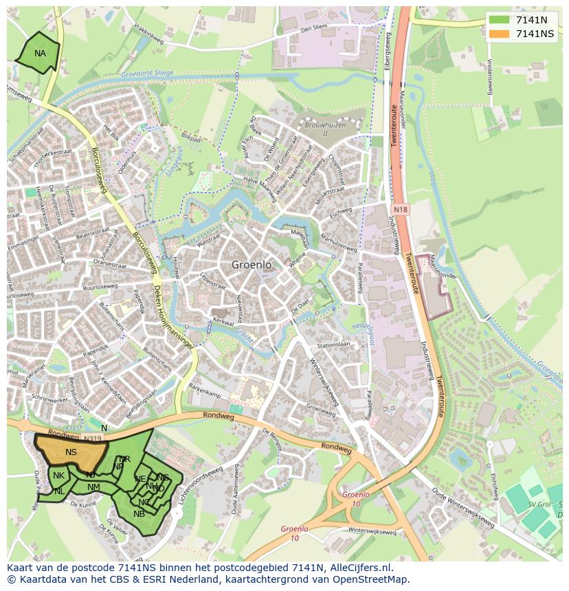 Afbeelding van het postcodegebied 7141 NS op de kaart.