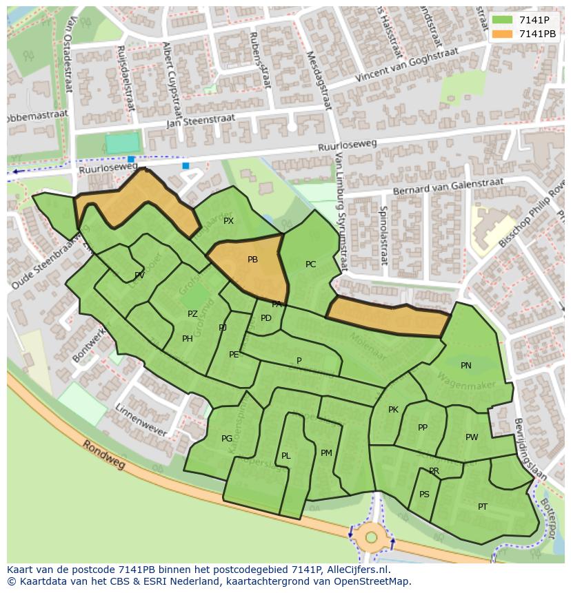 Afbeelding van het postcodegebied 7141 PB op de kaart.