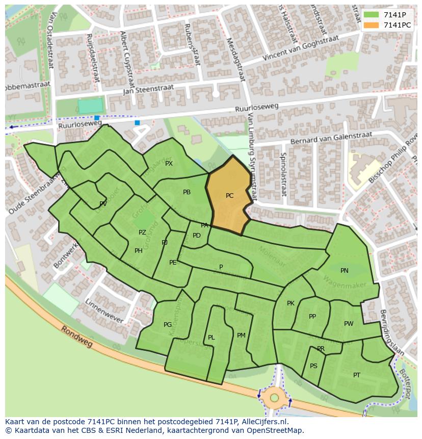 Afbeelding van het postcodegebied 7141 PC op de kaart.