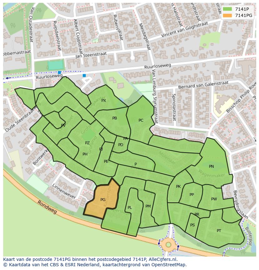 Afbeelding van het postcodegebied 7141 PG op de kaart.