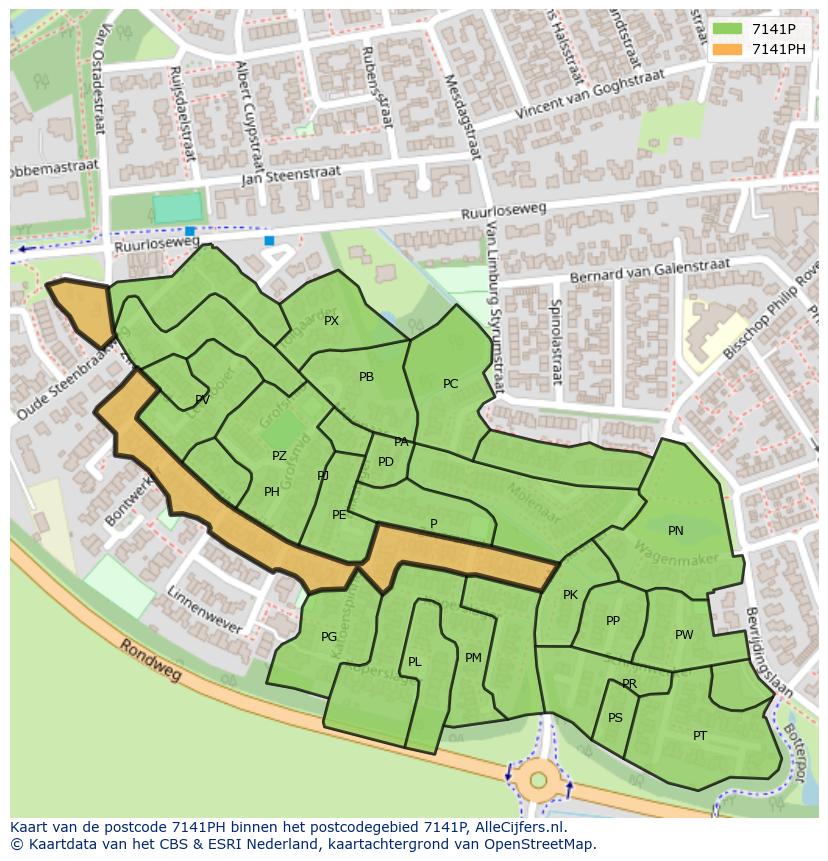 Afbeelding van het postcodegebied 7141 PH op de kaart.