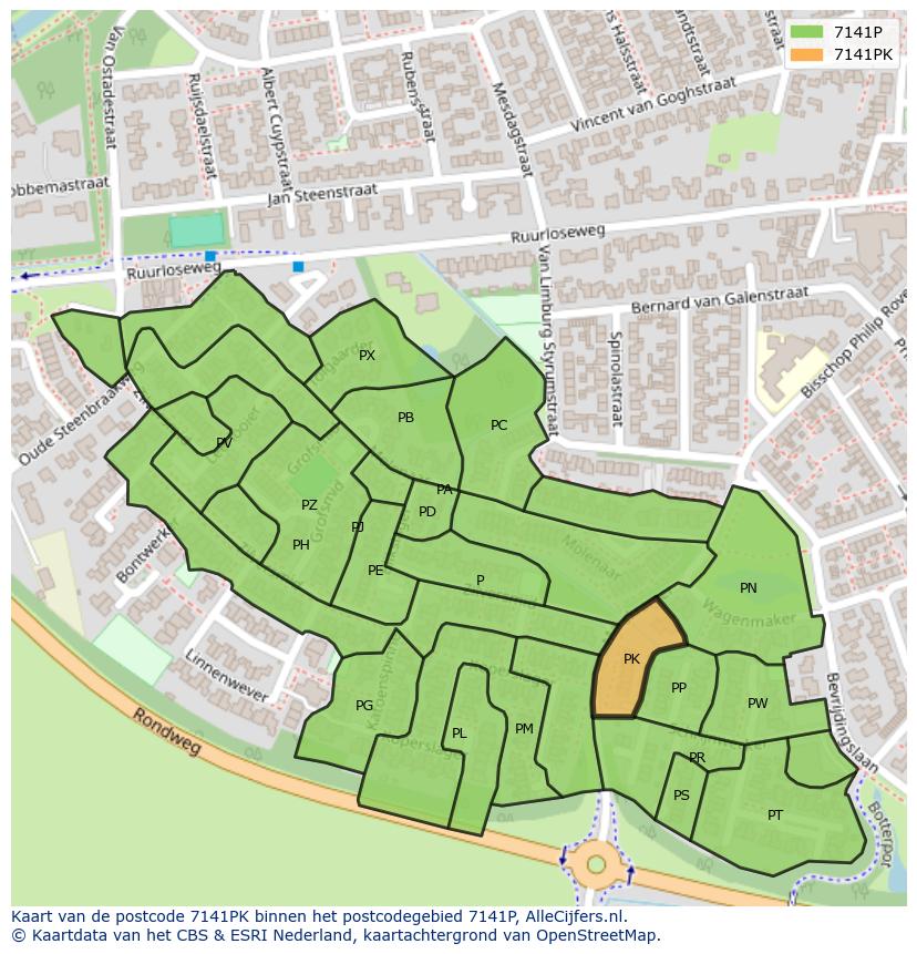 Afbeelding van het postcodegebied 7141 PK op de kaart.