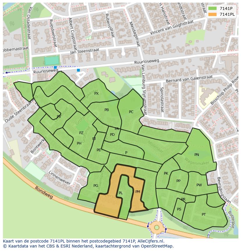 Afbeelding van het postcodegebied 7141 PL op de kaart.