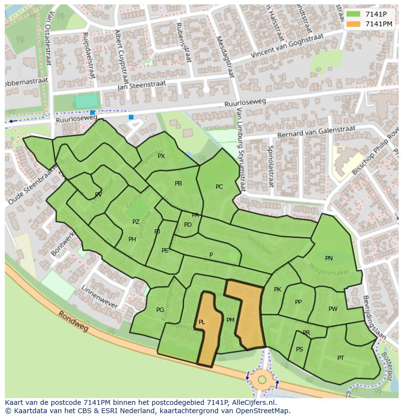 Afbeelding van het postcodegebied 7141 PM op de kaart.