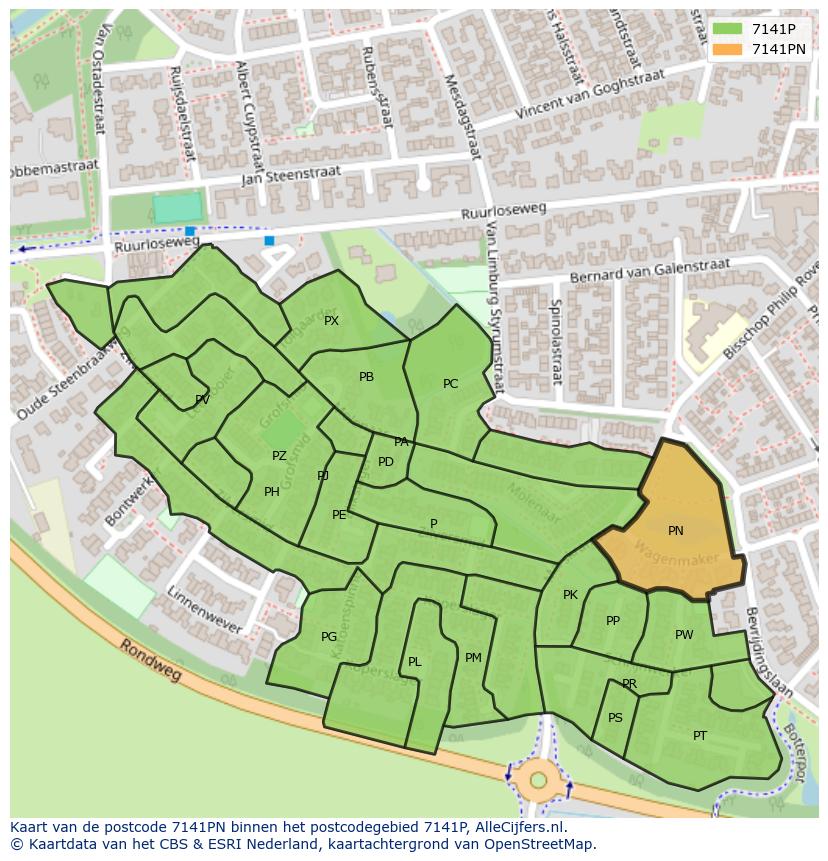 Afbeelding van het postcodegebied 7141 PN op de kaart.