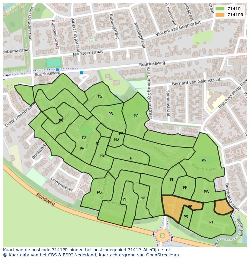Afbeelding van het postcodegebied 7141 PR op de kaart.