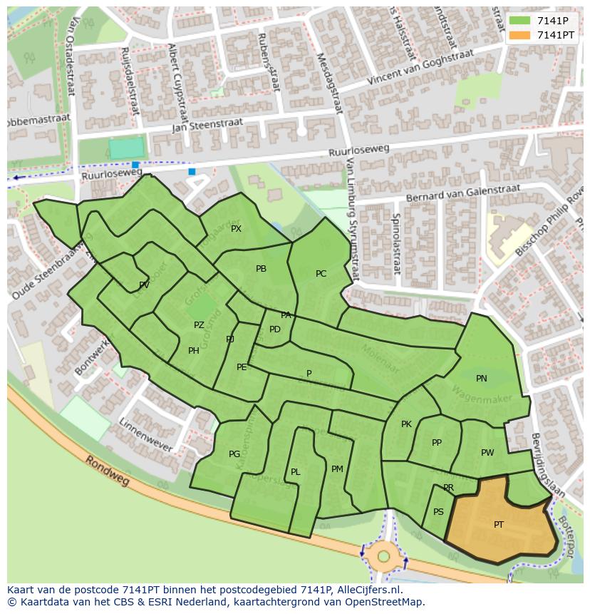 Afbeelding van het postcodegebied 7141 PT op de kaart.