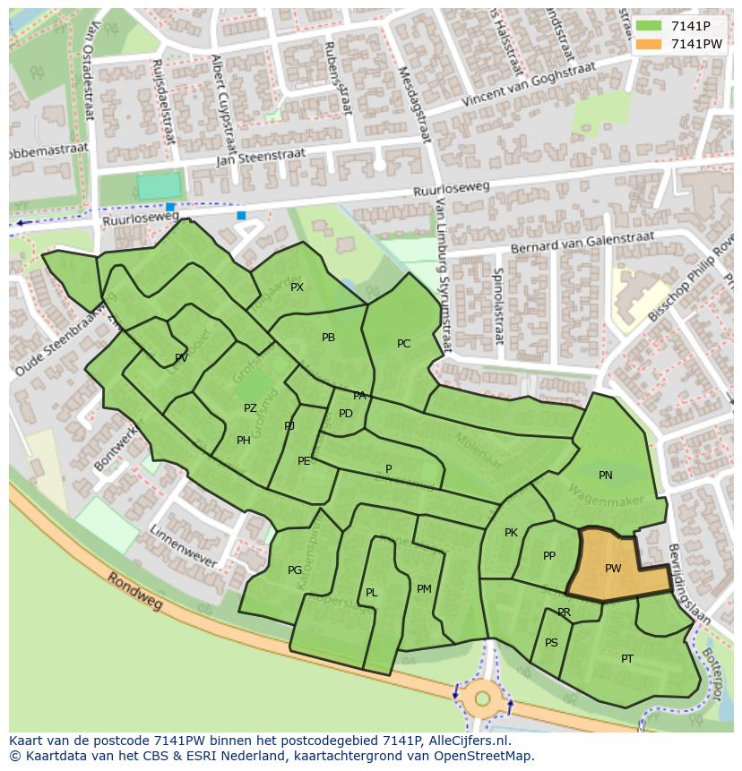 Afbeelding van het postcodegebied 7141 PW op de kaart.