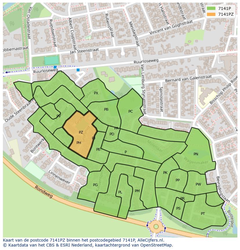 Afbeelding van het postcodegebied 7141 PZ op de kaart.