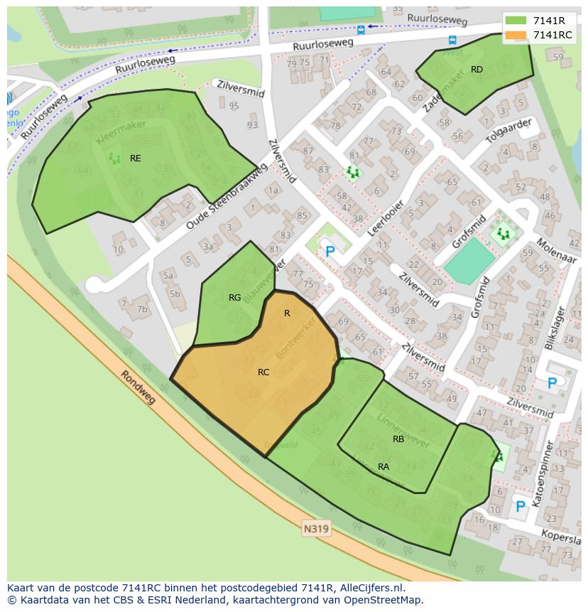 Afbeelding van het postcodegebied 7141 RC op de kaart.