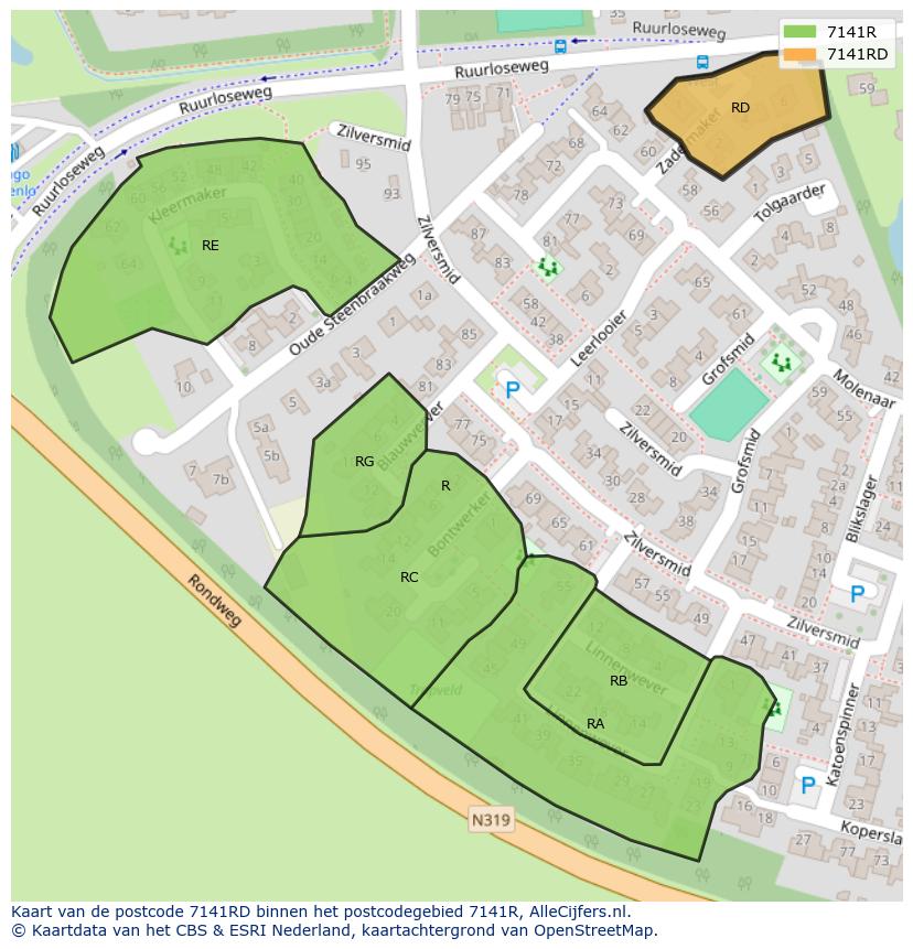 Afbeelding van het postcodegebied 7141 RD op de kaart.