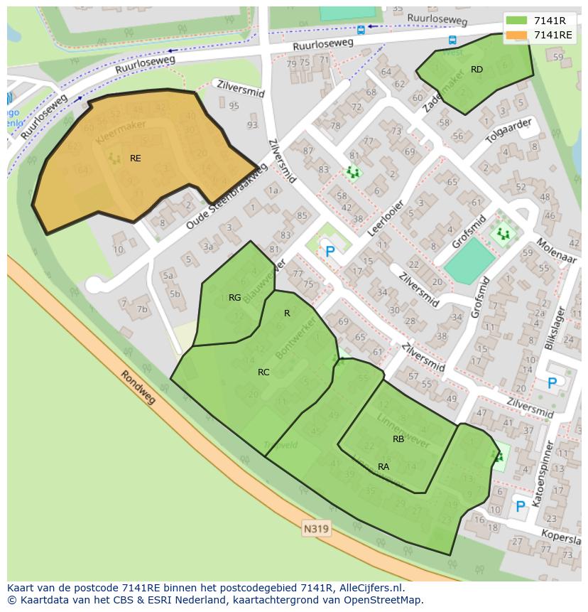 Afbeelding van het postcodegebied 7141 RE op de kaart.