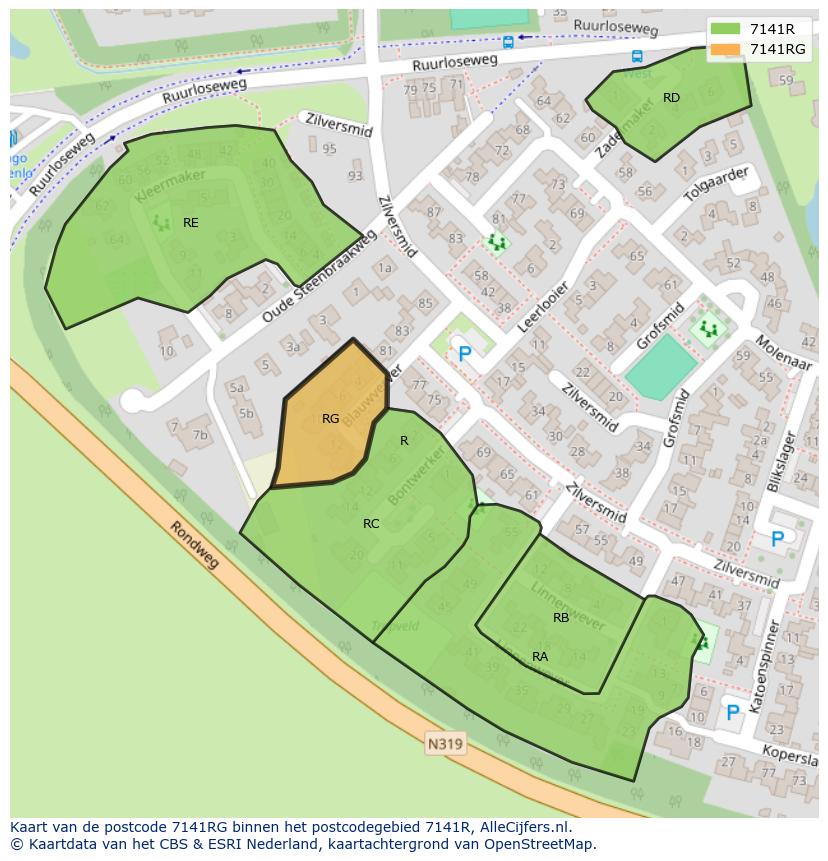 Afbeelding van het postcodegebied 7141 RG op de kaart.