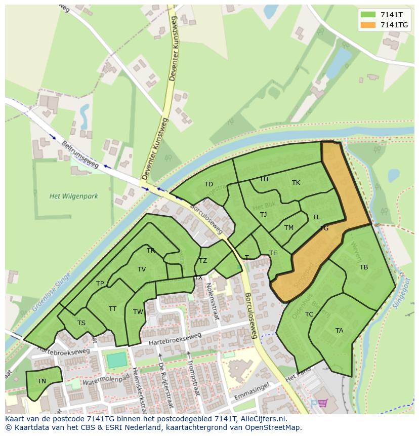 Afbeelding van het postcodegebied 7141 TG op de kaart.