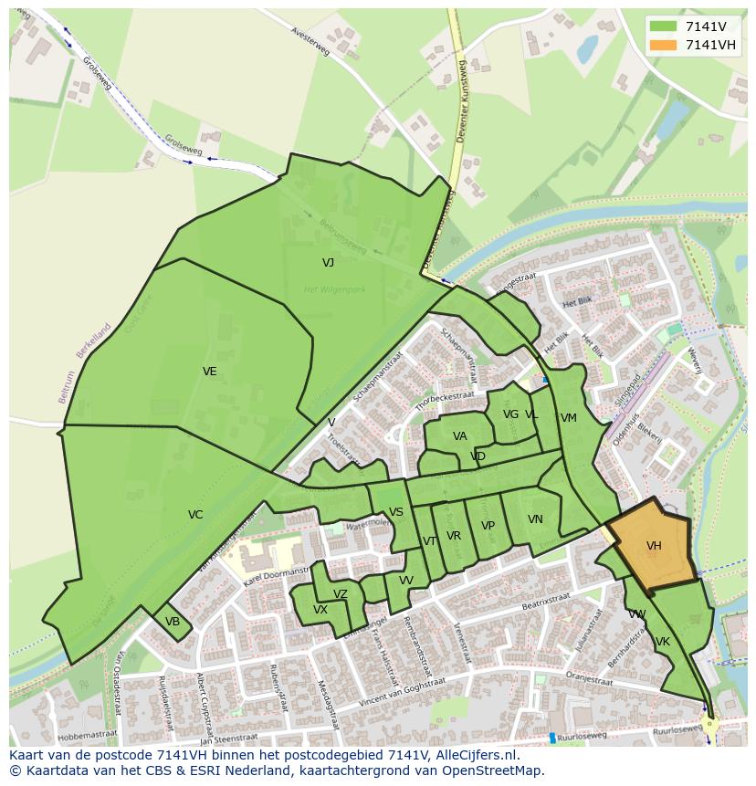 Afbeelding van het postcodegebied 7141 VH op de kaart.