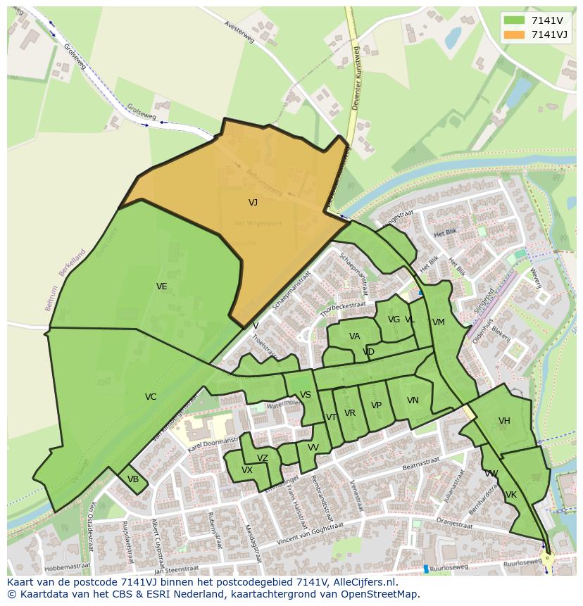Afbeelding van het postcodegebied 7141 VJ op de kaart.