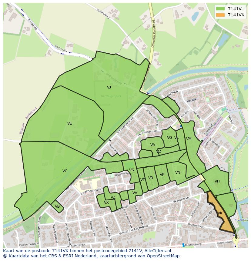 Afbeelding van het postcodegebied 7141 VK op de kaart.
