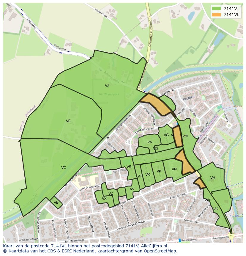 Afbeelding van het postcodegebied 7141 VL op de kaart.