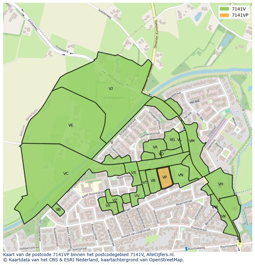 Afbeelding van het postcodegebied 7141 VP op de kaart.