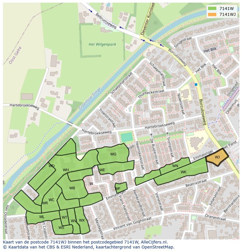Afbeelding van het postcodegebied 7141 WJ op de kaart.