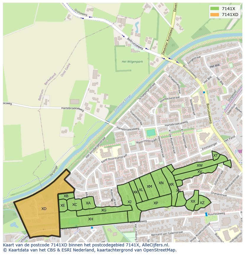 Afbeelding van het postcodegebied 7141 XD op de kaart.