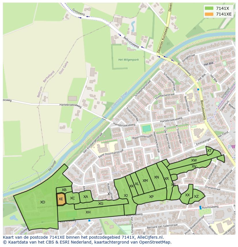 Afbeelding van het postcodegebied 7141 XE op de kaart.