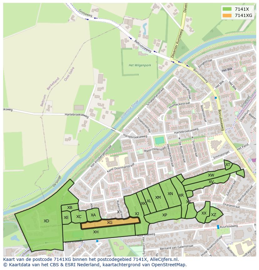 Afbeelding van het postcodegebied 7141 XG op de kaart.