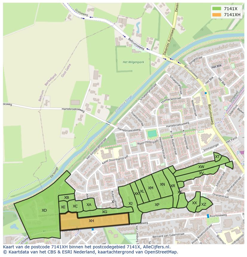 Afbeelding van het postcodegebied 7141 XH op de kaart.