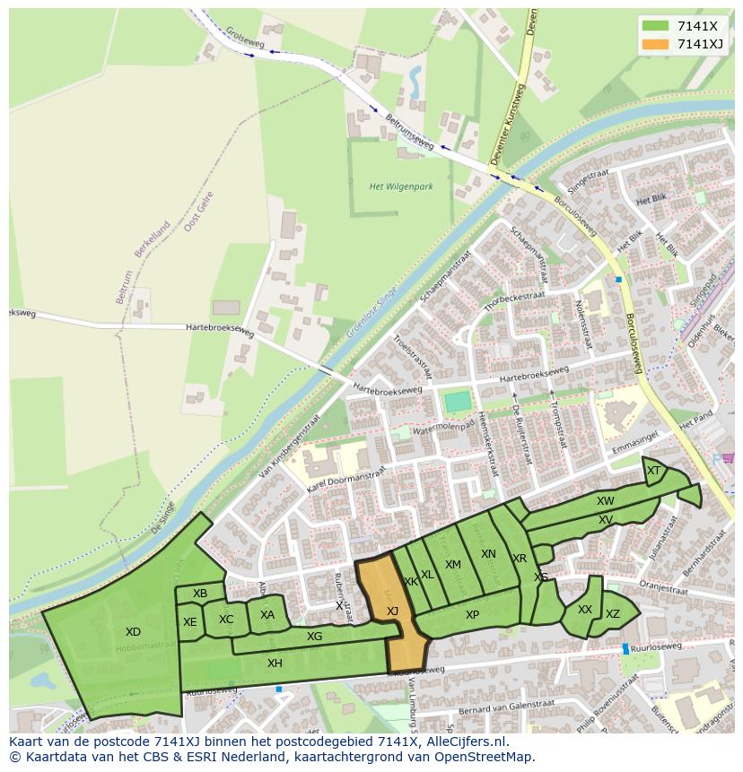Afbeelding van het postcodegebied 7141 XJ op de kaart.