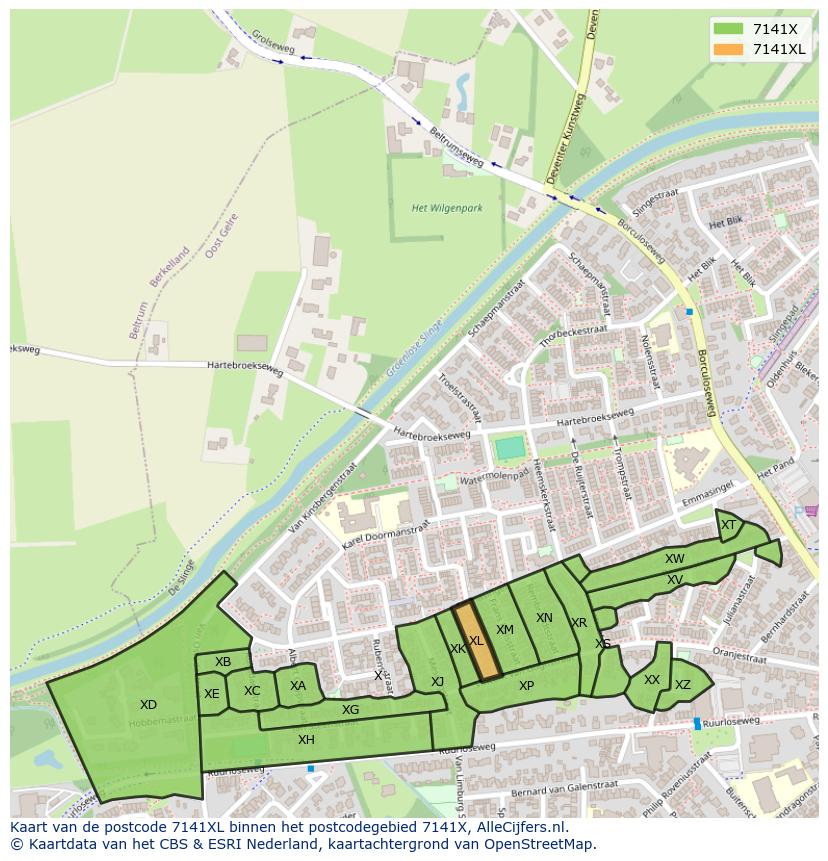 Afbeelding van het postcodegebied 7141 XL op de kaart.
