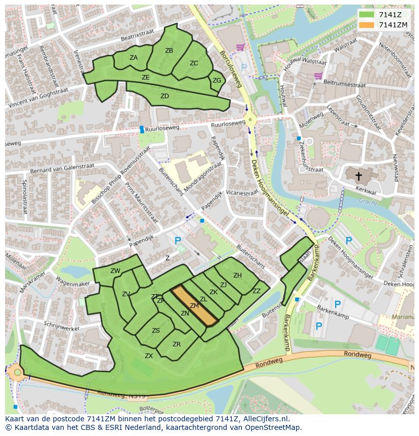 Afbeelding van het postcodegebied 7141 ZM op de kaart.