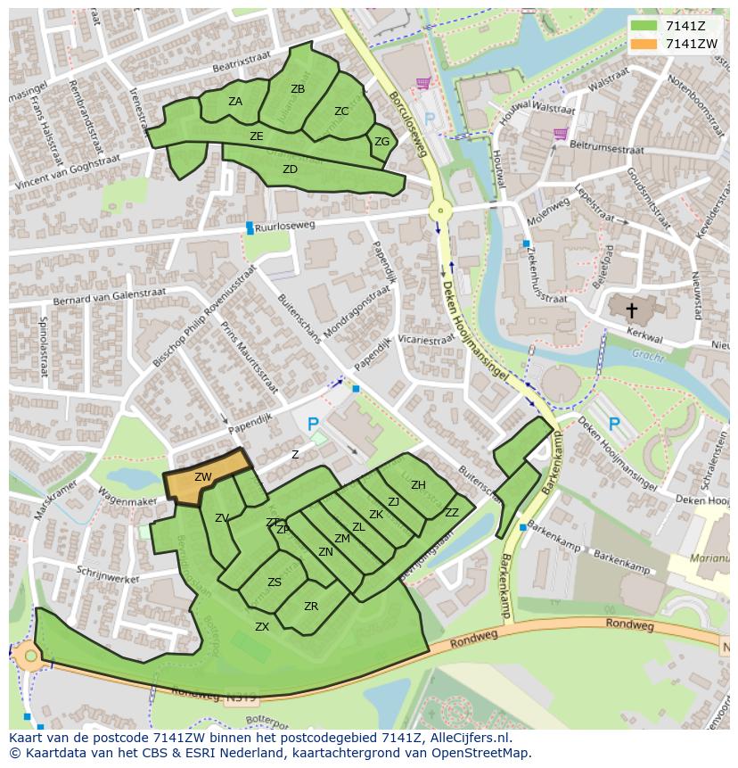 Afbeelding van het postcodegebied 7141 ZW op de kaart.