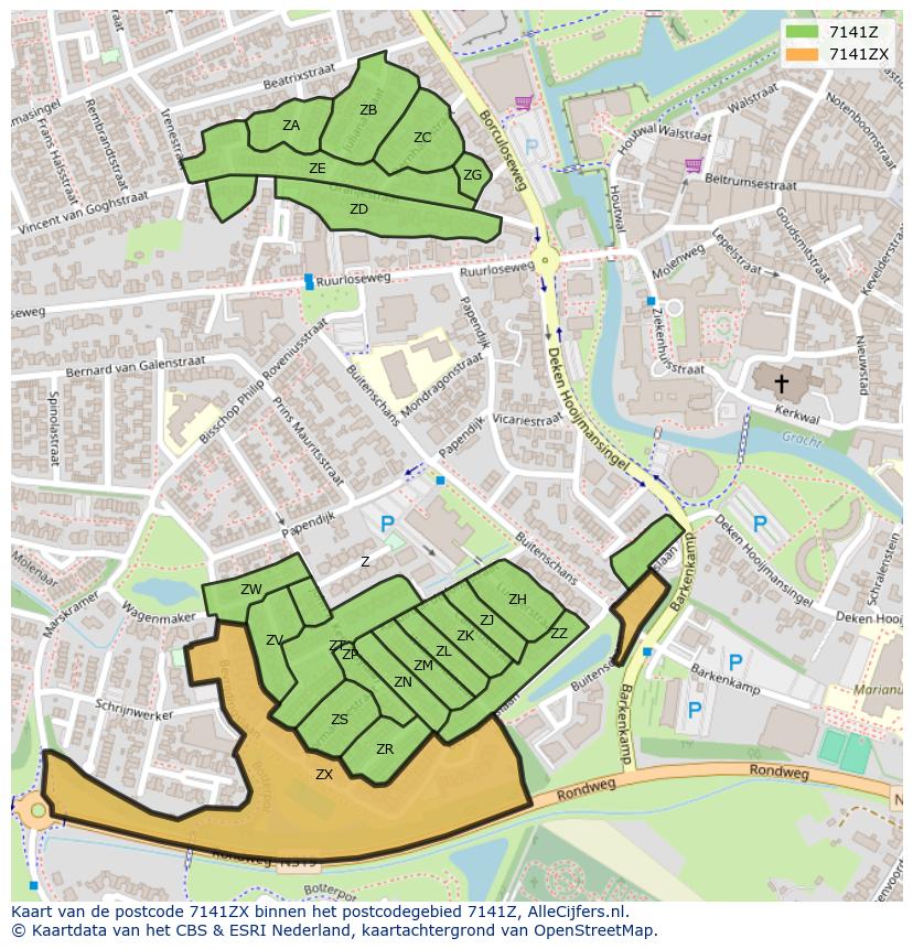 Afbeelding van het postcodegebied 7141 ZX op de kaart.