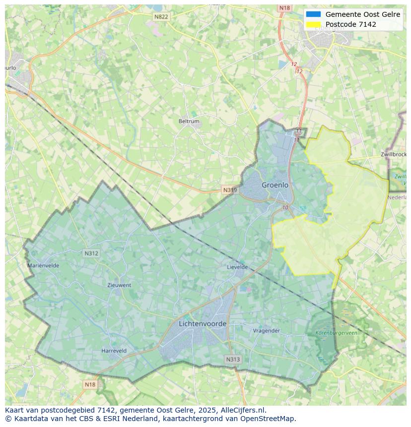 Afbeelding van het postcodegebied 7142 op de kaart.