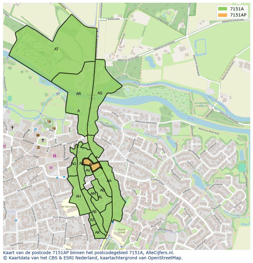 Afbeelding van het postcodegebied 7151 AP op de kaart.