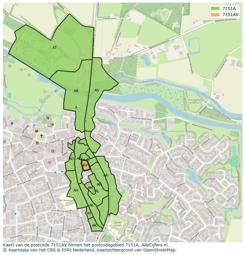 Afbeelding van het postcodegebied 7151 AV op de kaart.