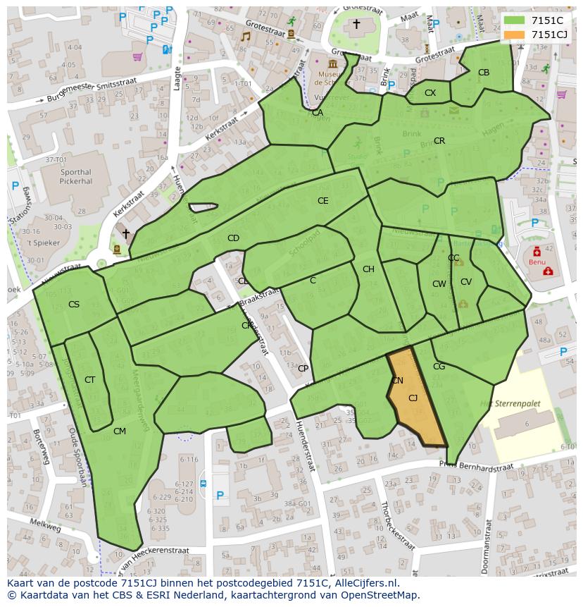 Afbeelding van het postcodegebied 7151 CJ op de kaart.