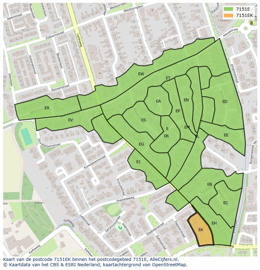 Afbeelding van het postcodegebied 7151 EK op de kaart.