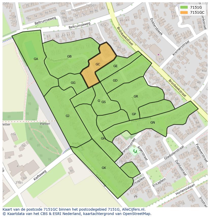 Afbeelding van het postcodegebied 7151 GC op de kaart.