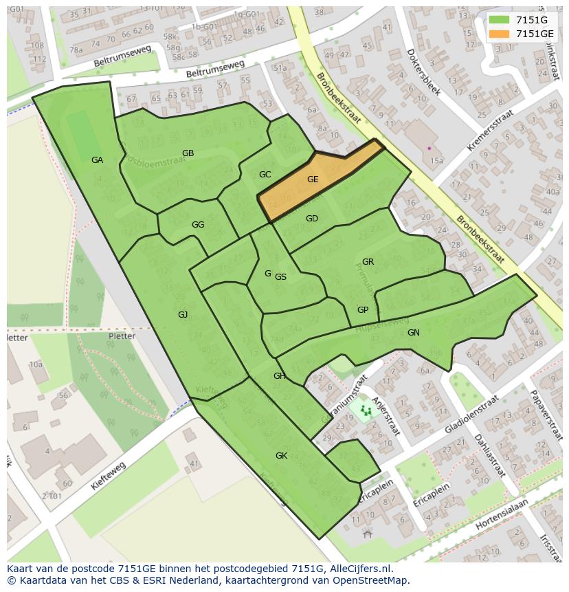 Afbeelding van het postcodegebied 7151 GE op de kaart.