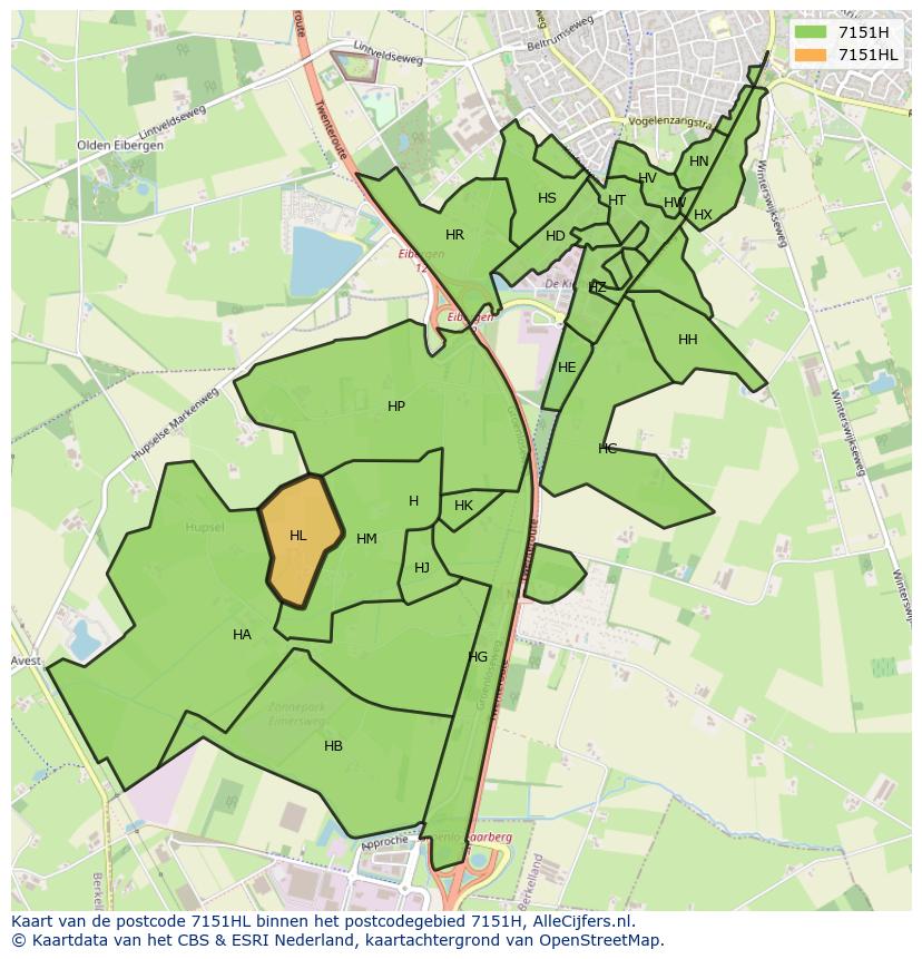 Afbeelding van het postcodegebied 7151 HL op de kaart.