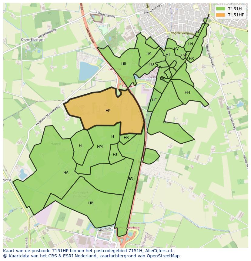 Afbeelding van het postcodegebied 7151 HP op de kaart.