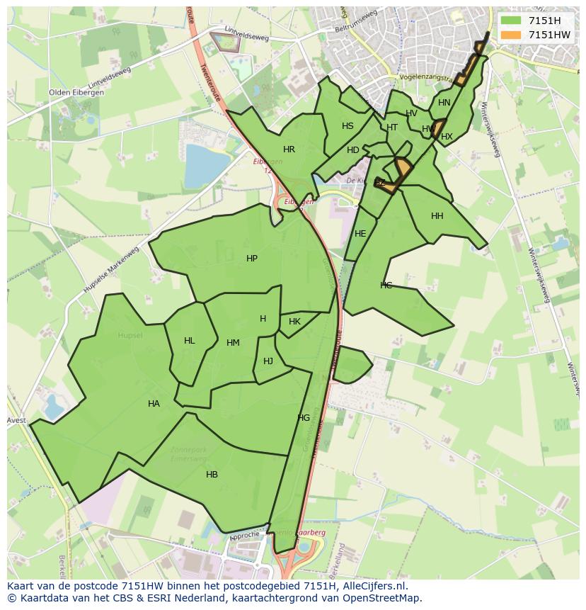 Afbeelding van het postcodegebied 7151 HW op de kaart.