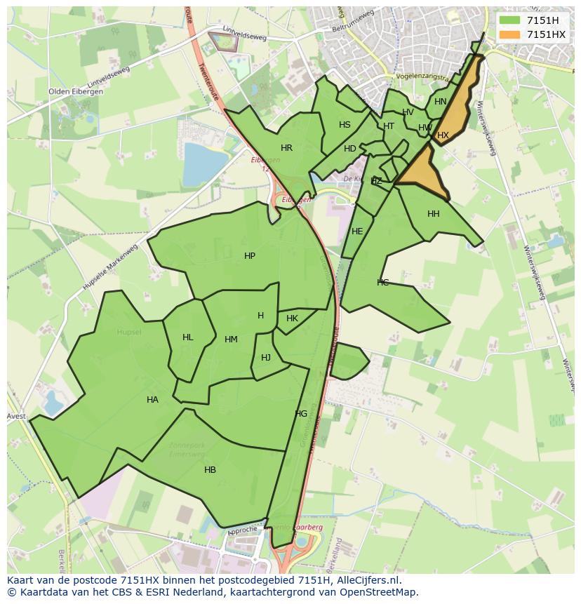 Afbeelding van het postcodegebied 7151 HX op de kaart.