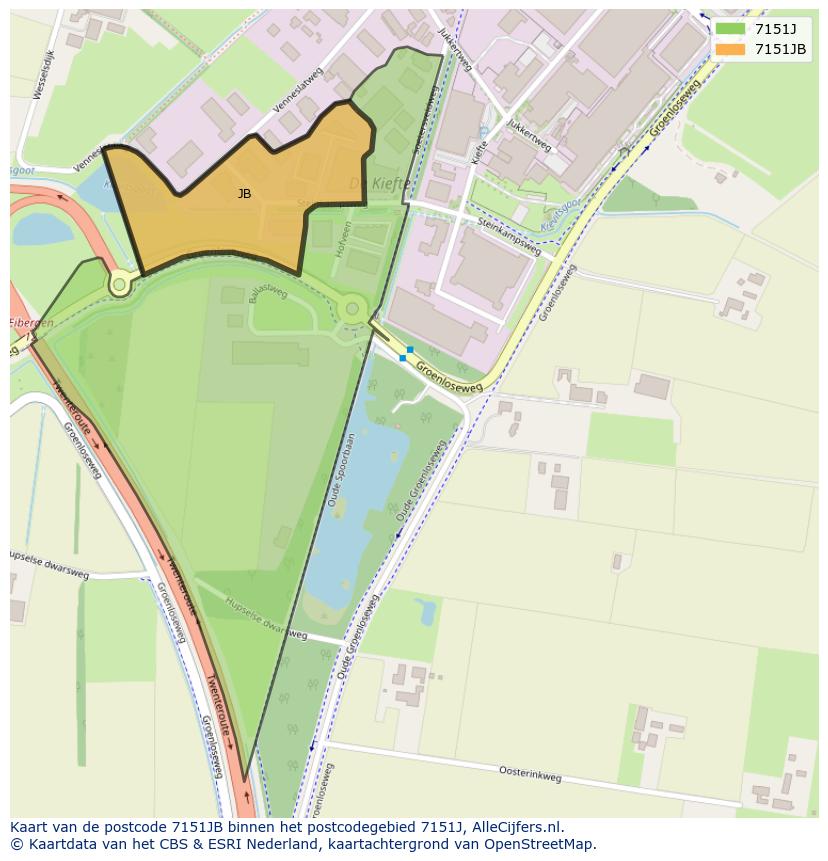 Afbeelding van het postcodegebied 7151 JB op de kaart.